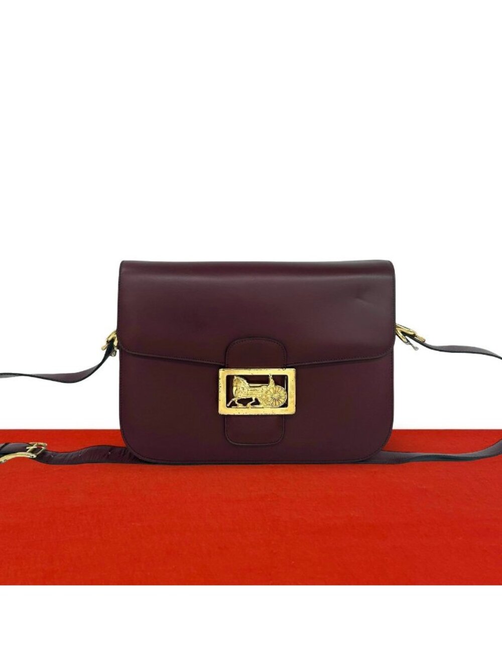 Celine Vintage Carriage Horse Logo Leather Shoulder Bag Wine